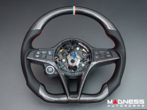 Alfa Romeo Giulia Custom Steering Wheel - Carbon Fiber - Round Top/ Flat Bottom - w/ Italian Stripe - Non QV Models - Alcantara Alfa Romeo Giulia Custom Steering Wheel - Carbon Fiber - Round Top/ Flat Bottom - w/ Italian Stripe - Non QV Models - Alcantara